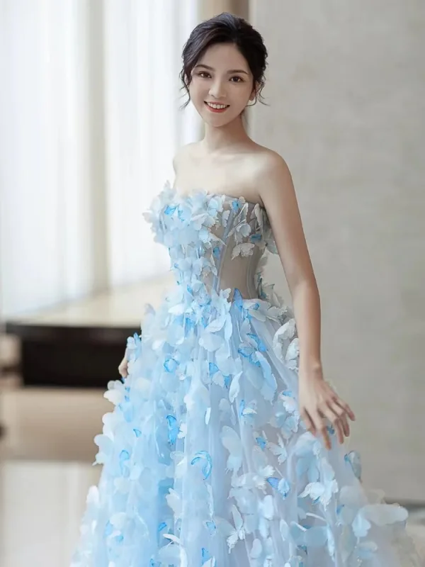 Chic / Belle Bleu Ciel Appliques Bustier Robe De Bal 2024 Princesse Sans Manches Dos Nu Train De Balayage Promo Robe De Ceremonie