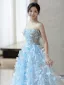 Chic / Belle Bleu Ciel Appliques Bustier Robe De Bal 2024 Princesse Sans Manches Dos Nu Train De Balayage Promo Robe De Ceremonie