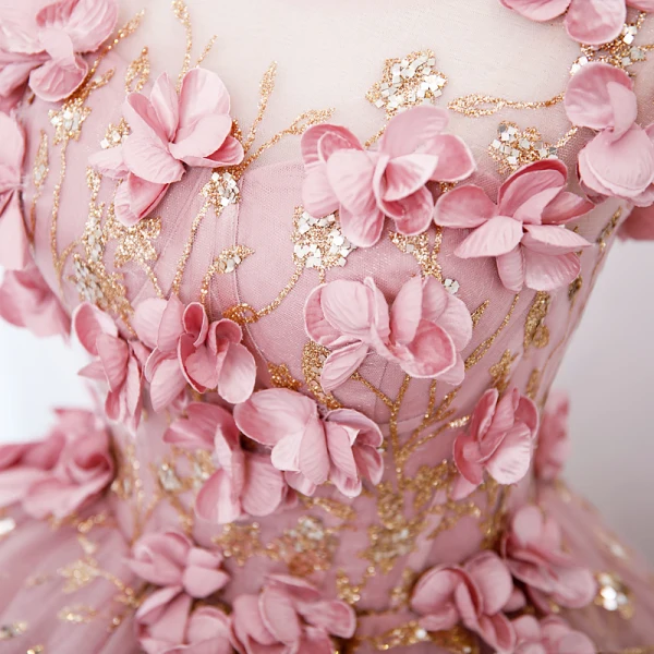 Flower Fairy Candy Pink Appliques Sequins Prom Dresses 2022 Ball Gown Scoop Neck Sleeveless Backless Floor-Length / Long Prom Formal Dresses