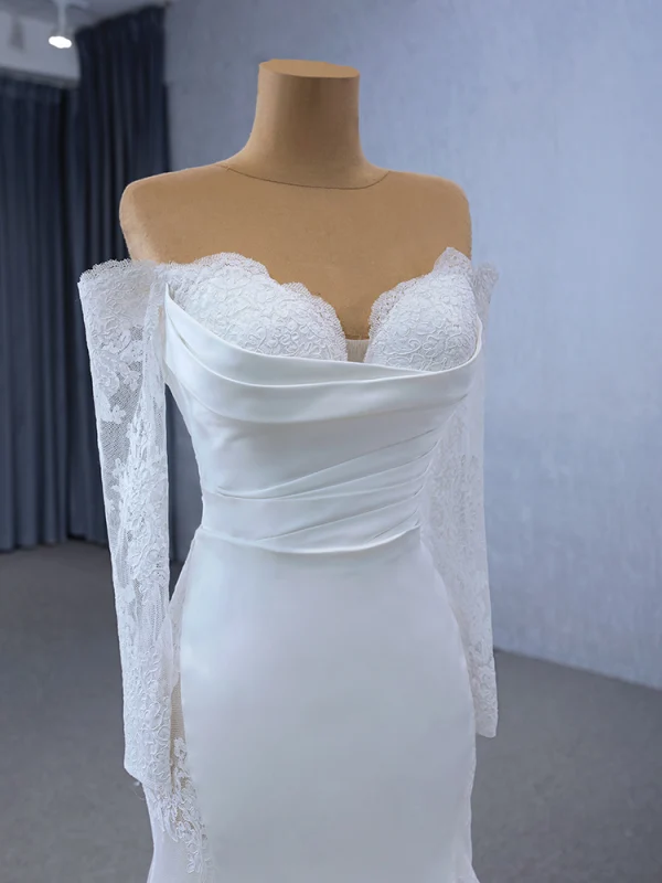 High-end White Lace Flower Wedding Dresses 2024 Trumpet / Mermaid Off-The-Shoulder Long Sleeve Court Train Wedding