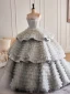 Vintage / Retro Quinceañera Grey Cascading Ruffles Ruffle Prom Dresses 2024 Ball Gown Strapless Sleeveless Backless Sweep Train Prom Formal Dresses