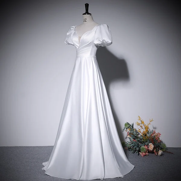 Elegant Ivory Satin Prom Dresses 2022 A-Line / Princess V-Neck Short Sleeve Backless Floor-Length / Long Prom Formal Dresses
