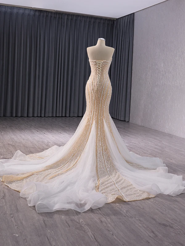 Sparkly High-end Champagne Handmade  Beading Pearl Sequins Evening Dresses 2024 Trumpet / Mermaid Strapless Sleeveless Backless Floor-Length / Long Evening Party