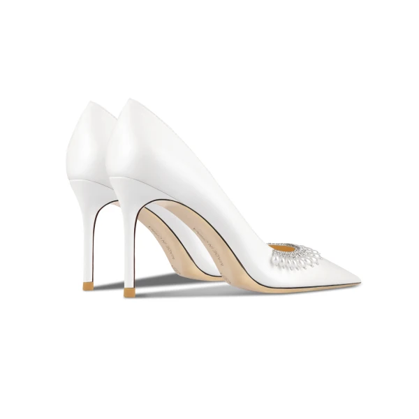 Stijlvolle Witte Parel Rhinestone Bruidsschoenen 2024 Leer 10 cm Naaldhakken / Stiletto Spitse Neus Huwelijk Pumps Hoge Hakken