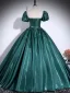 Vintage / Retro Dark Green Sequins Lace Flower Satin Prom Dresses 2025 Ball Gown Scoop Neck Short Sleeve Backless Floor-Length / Long Formal Dresses