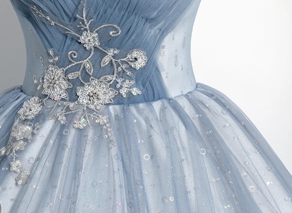 Elegant Sky Blue Beading Lace Flower Pearl Sequins Prom Dresses 2024 A-Line / Princess Off-The-Shoulder Short Sleeve Backless Floor-Length / Long Prom Formal Dresses