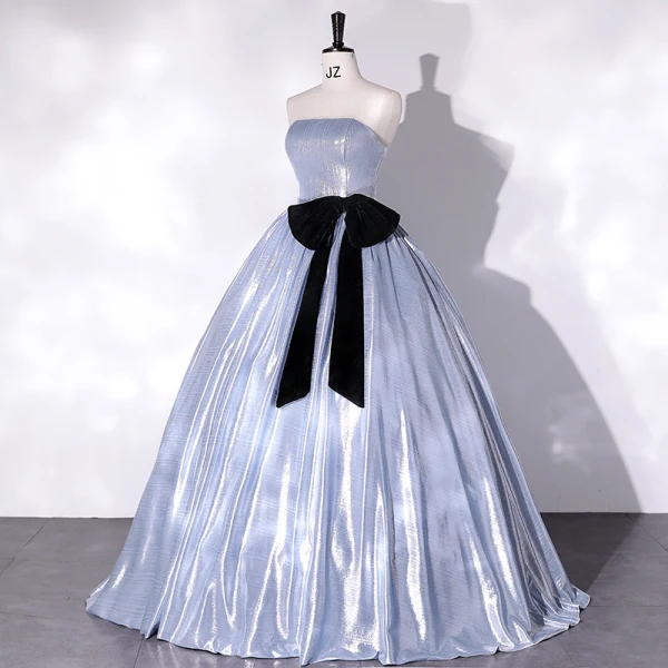 Modest / Simple Fashion Sky Blue Prom Dresses 2022 Ball Gown Strapless Sleeveless Bow Backless Floor-Length / Long Prom Formal Dresses