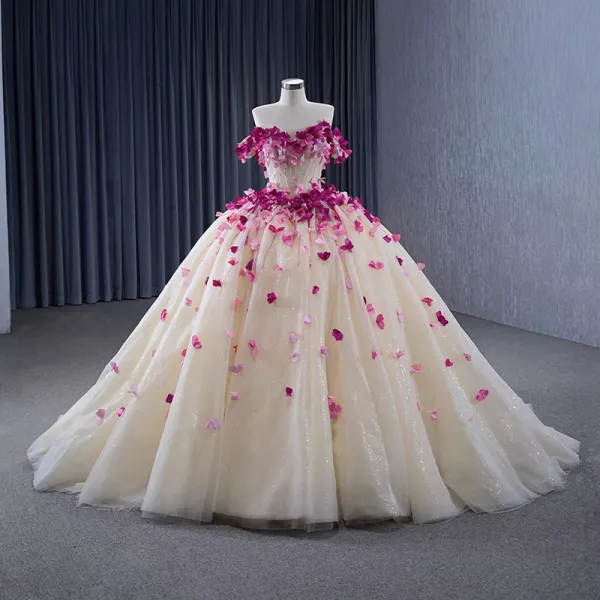 Glamorous Champagne Wedding Dresses 2024 Flower Tulle Ball Gown Wedding Dresses