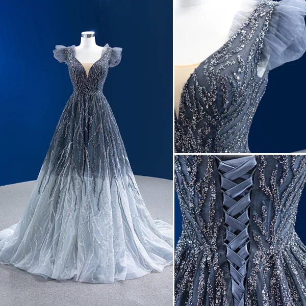 High-end Gradient-Color Grey Beading Sequins Evening Dresses 2022 A-Line / Princess V-Neck Sleeveless Backless Court Train Evening Party Formal Dresses