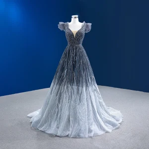 Haut De Gamme Dégradé De Couleur Gris Perlage Paillettes Robe De Soirée 2022 Princesse V Cou Sans Manches Dos Nu Tribunal Train Soirée Robe De Ceremonie