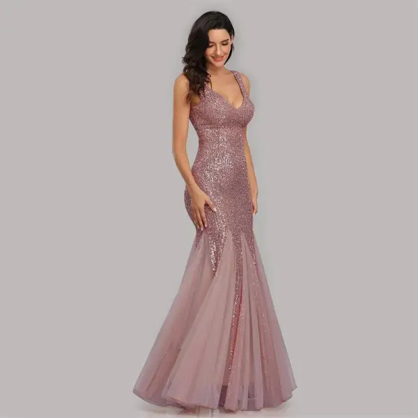 Bling Bling Bleu Marine Paillettes Robe De Soirée 2023 Trompette / Sirène V-Cou Sans Manches Dos Nu Longue Soirée Robe De Ceremonie