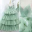 Charming Sage Green Cascading Ruffles Prom Dresses 2022 Ball Gown Spaghetti Straps Sleeveless Backless Court Train Formal Dresses