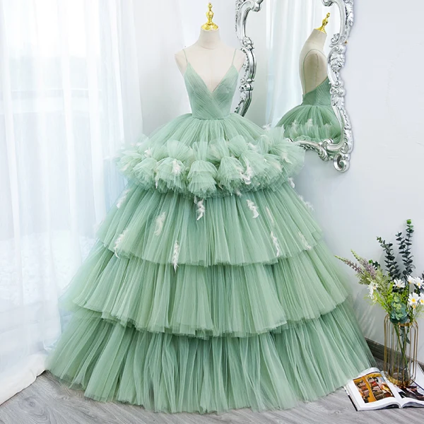 Charming Sage Green Cascading Ruffles Prom Dresses 2022 Ball Gown Spaghetti Straps Sleeveless Backless Court Train Formal Dresses