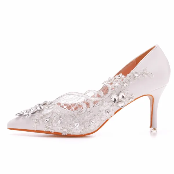 Elegant White Rhinestone Sequins Lace Flower Wedding Shoes 2023 7 cm Stiletto Heels Pointed Toe Wedding Pumps High Heels