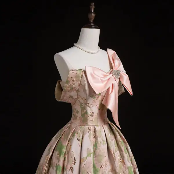 Medieval Blushing Pink Printing Prom Dresses 2022 Satin Ball Gown One-Shoulder Bow Rhinestone Short Sleeve Backless Floor-Length / Long Formal Dresses