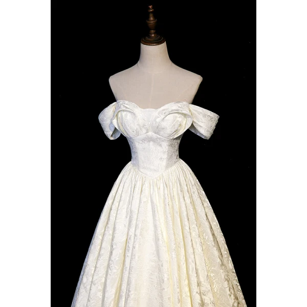 Vintage / Retro Ivory Printing Prom Dresses 2023 A-Line / Princess Off-The-Shoulder Short Sleeve Backless Floor-Length / Long Formal Dresses