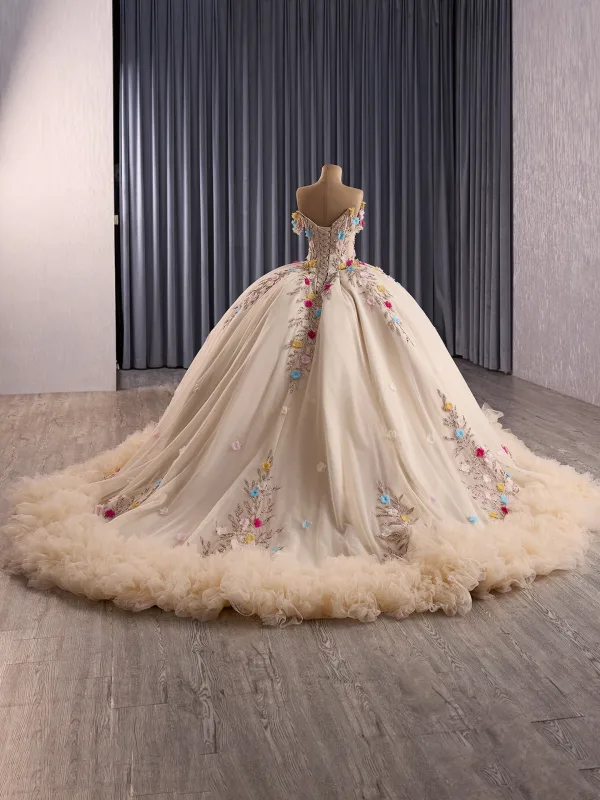 Luxury / Gorgeous Champagne Handmade  Rhinestone Appliques Sequins Prom Dresses 2025 Ball Gown Off-The-Shoulder Short Sleeve Backless Court Train Formal Dresses