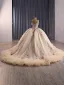 Luxury / Gorgeous Champagne Handmade  Rhinestone Appliques Sequins Prom Dresses 2025 Ball Gown Off-The-Shoulder Short Sleeve Backless Court Train Formal Dresses