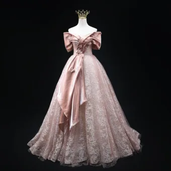Élégant Rougissant Rose Glitter En Dentelle Fleur Robe De Bal 2025 Robe Boule De L Épaule Manches Courtes Dos Nu Longue Promo Robe De Ceremonie