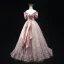 Elegant Blushing Pink Glitter Lace Flower Prom Dresses 2025 Ball Gown Off-The-Shoulder Short Sleeve Backless Floor-Length / Long Prom Formal Dresses