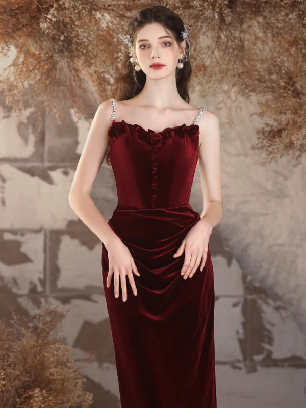 Charming Burgundy Velvet Evening Dresses 2024 Trumpet / Mermaid Spaghetti Straps Sleeveless Backless Floor-Length / Long Evening Party Formal Dresses