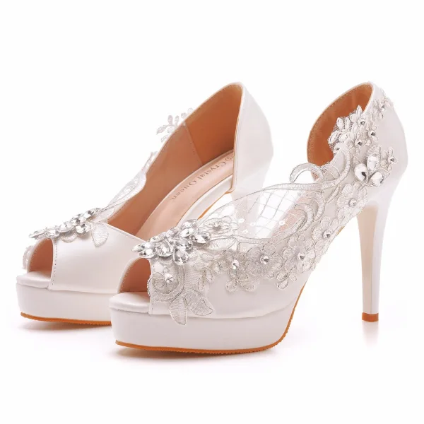 Charming White Rhinestone Lace Flower Wedding Shoes 2023 11 cm Stiletto Heels Open / Peep Toe Wedding Sandals High Heels