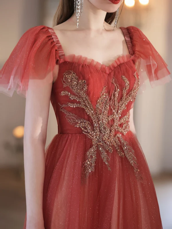 Chic / Belle Dégradé De Couleur Bordeaux Perlage Paillettes Robe De Bal 2023 Princesse Encolure Carrée Manches Courtes Dos Nu Longue Promo Robe De Ceremonie