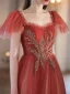 Chic / Belle Dégradé De Couleur Bordeaux Perlage Paillettes Robe De Bal 2023 Princesse Encolure Carrée Manches Courtes Dos Nu Longue Promo Robe De Ceremonie
