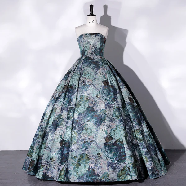 Vintage / Retro Multi-Colors Printing Satin Prom Dresses 2022 Ball Gown Strapless Short Sleeve Backless Floor-Length / Long Formal Dresses