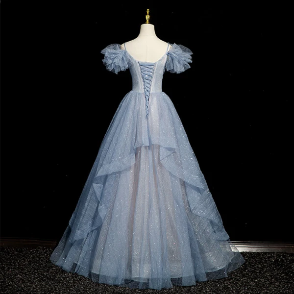 Bling Bling Himmelblau Perlenstickerei Strass Pailletten Ballkleider 2023 A Linie Spaghettiträger Rüschen Kurze Ärmel Rückenfreies Lange Ball Festliche Kleider