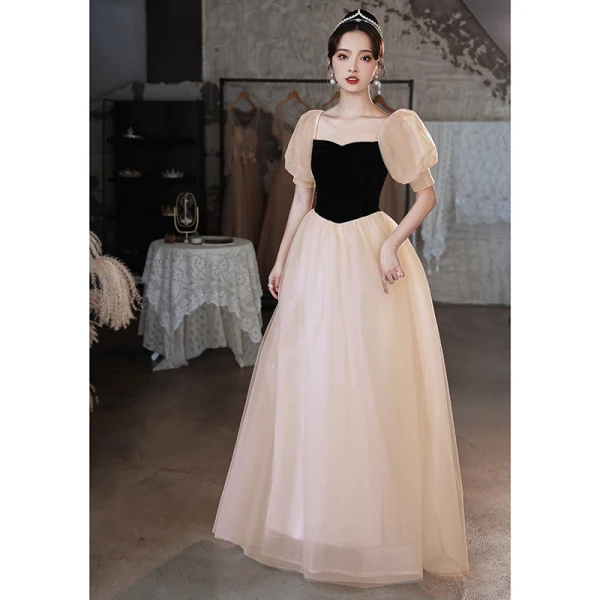Chic / Beautiful Champagne Prom Dresses 2022 A-Line / Princess Square Neckline Puffy Short Sleeve Backless Floor-Length / Long Formal Dresses
