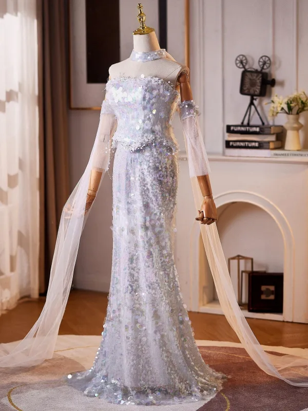 Scintillantes Sexy Argenté Perle Paillettes Robe De Soirée 2026 Trompette / Sirène Bustier Manches Courtes Dos Nu Longue Robe De Ceremonie