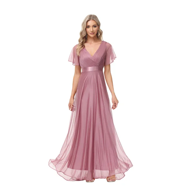 Modest / Simple Black Bridesmaid Dresses 2023 A-Line / Princess V-Neck Short Sleeve Backless Sash Floor-Length / Long Bridesmaid Dresses