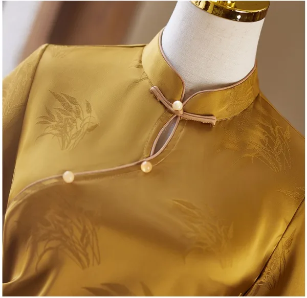 Vintage / Retro Yellow Evening Party Cheongsam 2025 Trumpet / Mermaid High Neck Short Sleeve Floor-Length / Long Cheongsam / Qipao