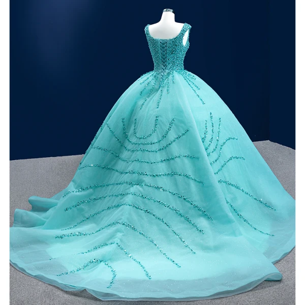 High-end Mint Green Handmade Beading Pearl Sequins Prom Dresses 2022 Ball Gown U-Neck Sleeveless Backless Court Train Prom Formal Dresses
