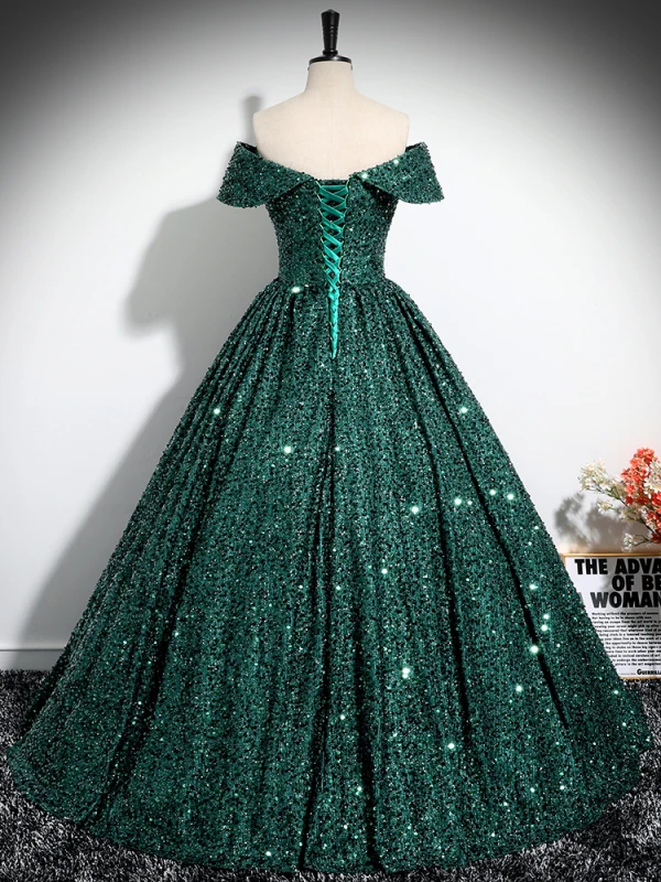 Vintage / Retro Dark Green Beading Sequins Prom Dresses 2024 Ball Gown Off-The-Shoulder Sleeveless Backless Floor-Length / Long Prom Formal Dresses