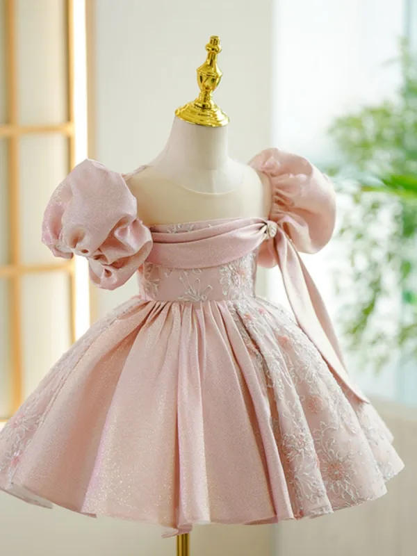 Chic / Beautiful Blushing Pink Beading Pearl Birthday Flower Girl Dresses 2023 Ball Gown Scoop Neck Puffy Short Sleeve Short