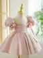 Chic / Beautiful Blushing Pink Beading Pearl Birthday Flower Girl Dresses 2023 Ball Gown Scoop Neck Puffy Short Sleeve Short