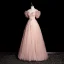 Chic / Belle Rougissant Rose Appliques Paillettes Robe De Bal 2023 Princesse De l'épaule Perle Faux Diamant Manches Courtes Dos Nu Longue Robe De Ceremonie