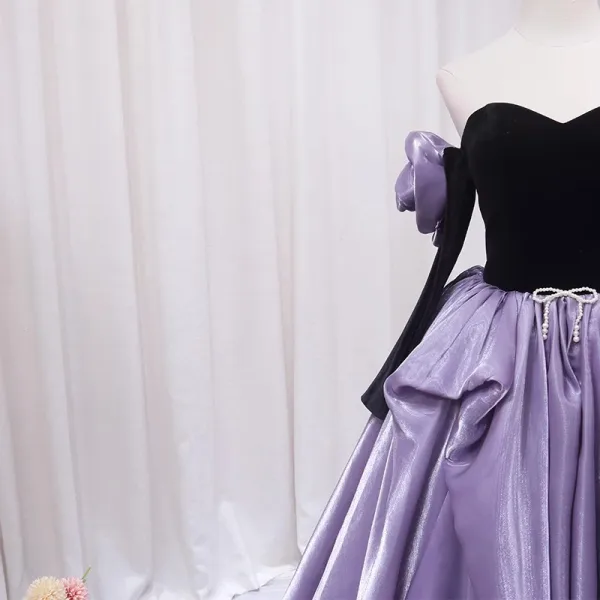 Fashion Lavender Cascading Ruffles Prom Dresses 2024 Ball Gown Off-The-Shoulder Long Sleeve Backless Floor-Length / Long Prom Formal Dresses