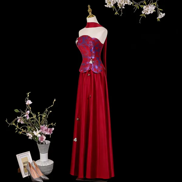 Vintage / Retro Burgundy Prom Dresses 2026 A-Line / Princess Strapless Sleeveless Backless Floor-Length / Long Formal Dresses