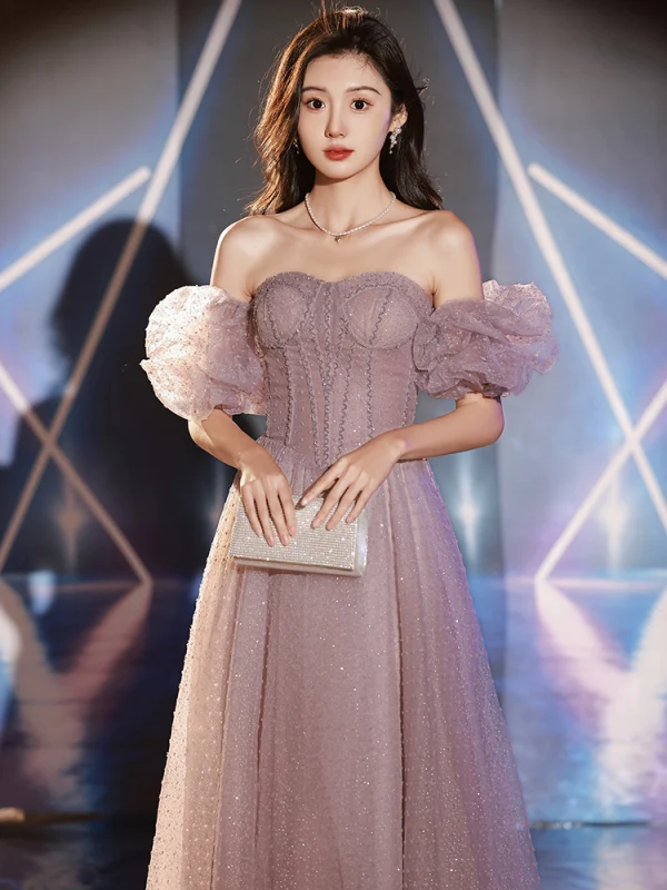 Charming Purple Beading Sequins Evening Dresses 2023 A-Line / Princess Off-The-Shoulder Short Sleeve Backless Floor-Length / Long Evening Party Formal Dresses