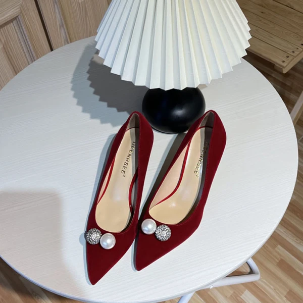 Chic / Beautiful Burgundy Suede Wedding Shoes 2022 10 cm Stiletto Heels Leather Pearl Rhinestone Pointed Toe Wedding Pumps High Heels