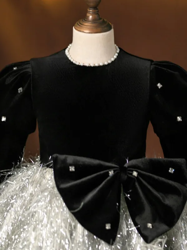 Chic / Beautiful Black Bow Tassel Birthday Flower Girl Dresses 2025 Ball Gown Scoop Neck Long Sleeve Floor-Length / Long