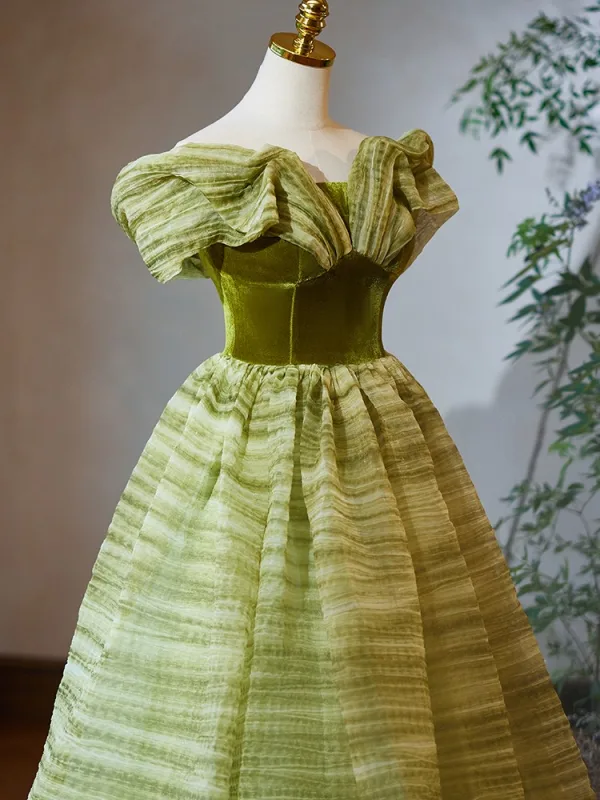 Chic / Beautiful Sage Green Prom Dresses 2024 Ball Gown Off-The-Shoulder Sleeveless Backless Floor-Length / Long Prom Formal Dresses