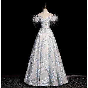 Mode Bleu Ciel Impression Robe De Bal 2023 Princesse De L Épaule Gland Manches Courtes Dos Nu Longue Promo Robe De Ceremonie