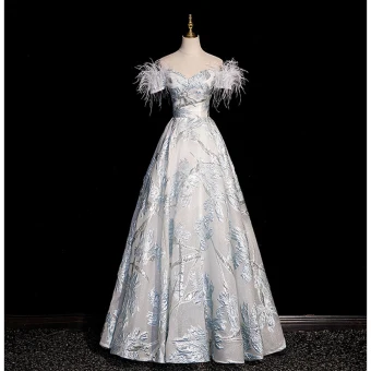 Mode Bleu Ciel Impression Robe De Bal 2023 Princesse De L Épaule Gland Manches Courtes Dos Nu Longue Promo Robe De Ceremonie