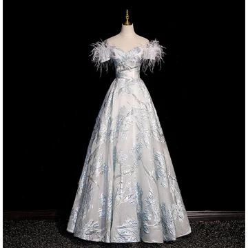 Mode Bleu Ciel Impression Robe De Bal 2023 Princesse De L Épaule Gland Manches Courtes Dos Nu Longue Promo Robe De Ceremonie