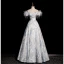 Fashion Sky Blue Printing Prom Dresses 2023 A-Line / Princess Off-The-Shoulder Tassel Short Sleeve Backless Floor-Length / Long Prom Formal Dresses