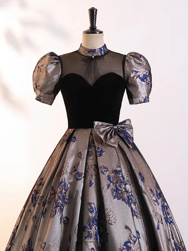 Vintage / Retro Black Printing Bow Prom Dresses 2025 Ball Gown High Neck Puffy Short Sleeve Backless Floor-Length / Long Prom Formal Dresses